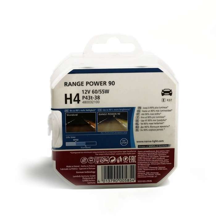 Автолампа NARVA RANGE POWER +90% RPH, H4, 12 В, 60/55 Вт, 48003 S2, 2 шт Автолампа NARVA RANGE POWER +90% RPH, H4, 12 В, 60/55 Вт, 48003 S2, 2 шт